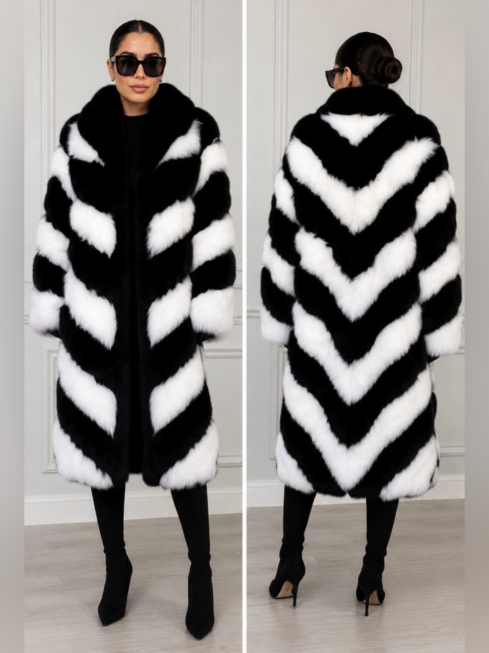 Black & White fox fur Chevron fur Coat - Women full length
